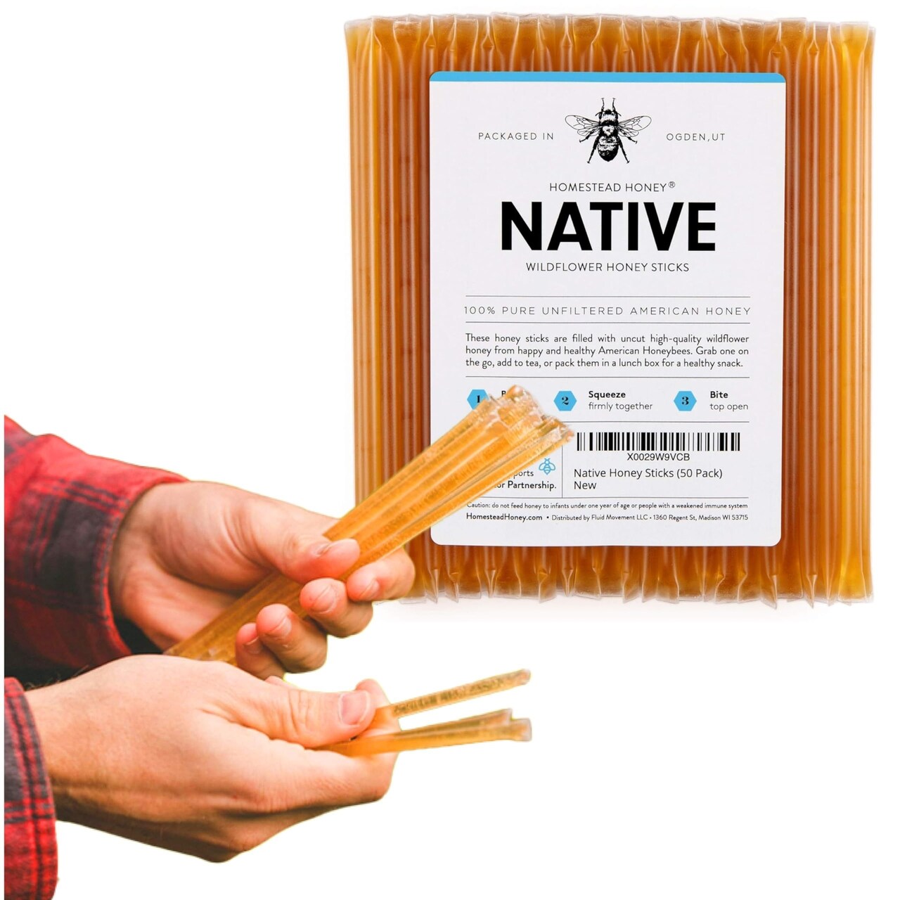 Native Honey Sticks for Tea, 50-Pack Bulk Packets, Single Serve Honeycomb Snacks